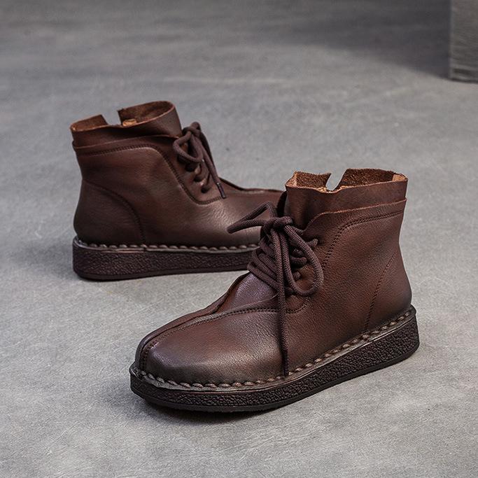 Johnature Retro Lace Up Flat Short Boots Genuine Leather Comfortable Versatile Women's Shoes