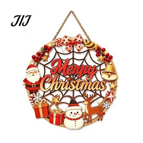 Poplar Wood Decor Christmas Door Sign, Double Sided Hanging Wooden Plaque for Front Door, Rustic Holiday Wall Decoration Indoor Outdoor Seasonal Party