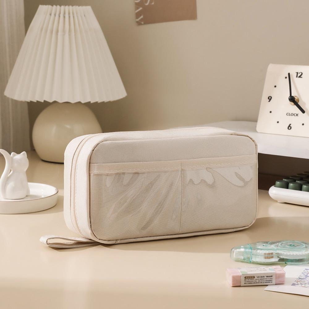 

Large Capacity Handheld Pen Bag Multi Layer Pen Pouch Simple Stationery Organizer Students бежевий