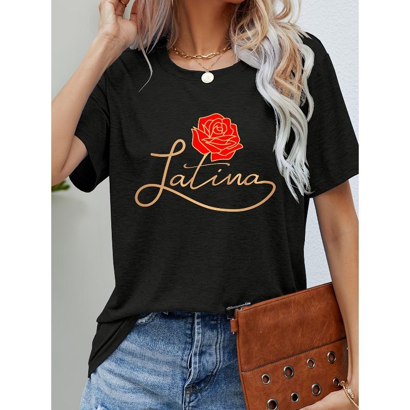 

European sizes Women S Latina Pride Rose Print T-Shirt - Black Short Sleeve Crew Neck Casual Top with Golden Lettering, Perfect for Spring & Summer 4XL чорний