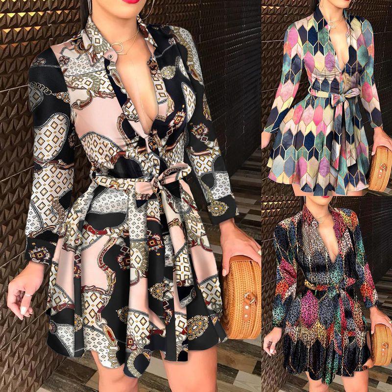 Women's Long Sleeve V-neck Lace up Sexy Print Dress