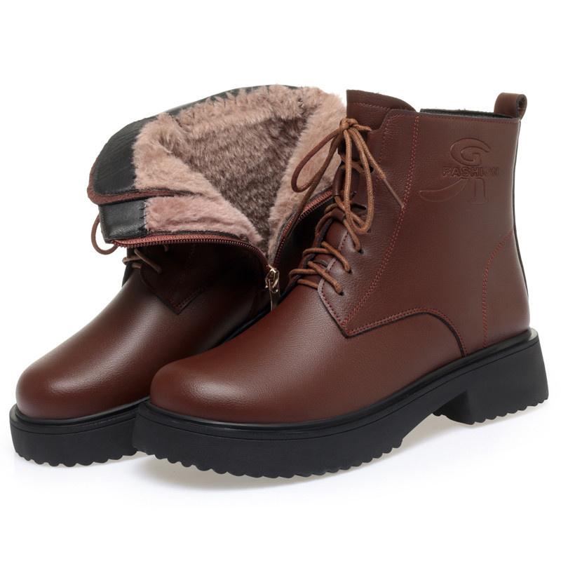 

Модные женские зимние теплые бархатные ботильоны на шнуровке из мягкой кожи с толстой подошвой, новые модные нескользящие короткие мотоциклетные ботинки 39(Foot24.5cm)