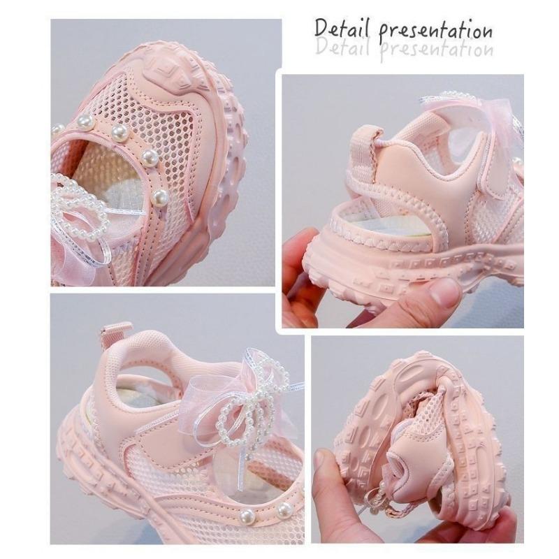 Kids Mesh Breathable Pearl Bow Mary Jane Shoes Thick Sole Soft Casual Walking Sneakers For Girls