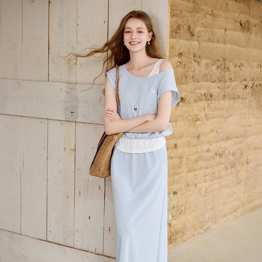 Fragrant Shadow Blue Cotton Fake Two Piece Set Skirt for Women 2026 Summer New Round Neck T-shirt Straight Tube Half Skirt Two Piece Set