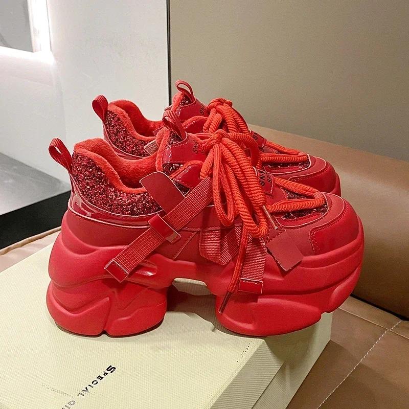 Mode Frauen Bling Rot Chunky Turnschuhe Winter Hohe Plattform Warme Pelz Schuhe Damen Wedges Casual Papa Schuhe Leder Sport Turnschuhe 8CM