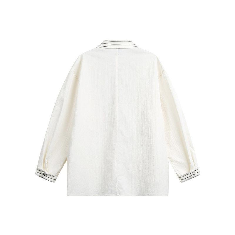 Oversized Brown Contrast Striped Collar Shirt Men Women Long Sleeve Casual Button Down Blouse Loose Fit Lapel Patch Pocket Top