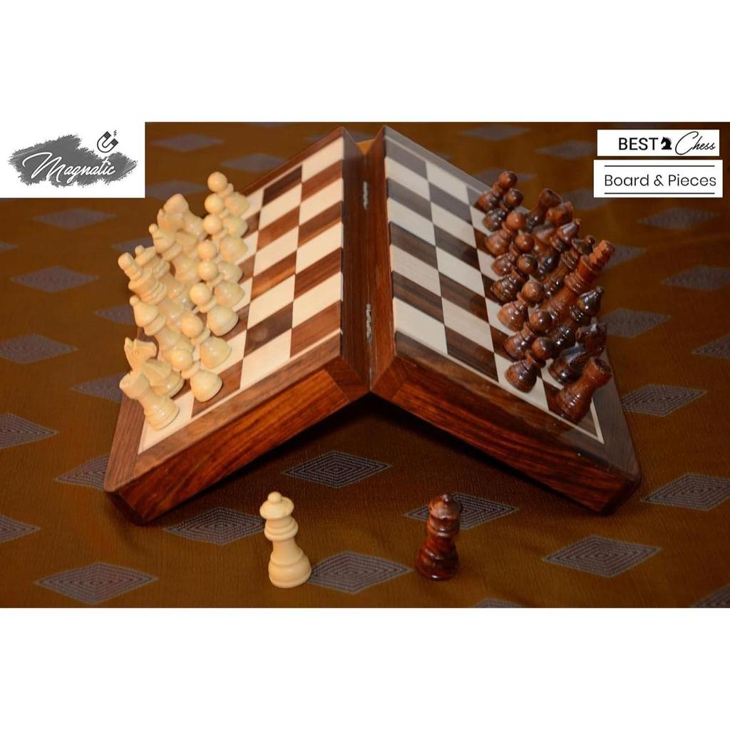 Wooden Handcrafted Foldable Magnetic Chess Board Set with Magnetic Pieces and Extra Queens for 2 Players Kids and Adults