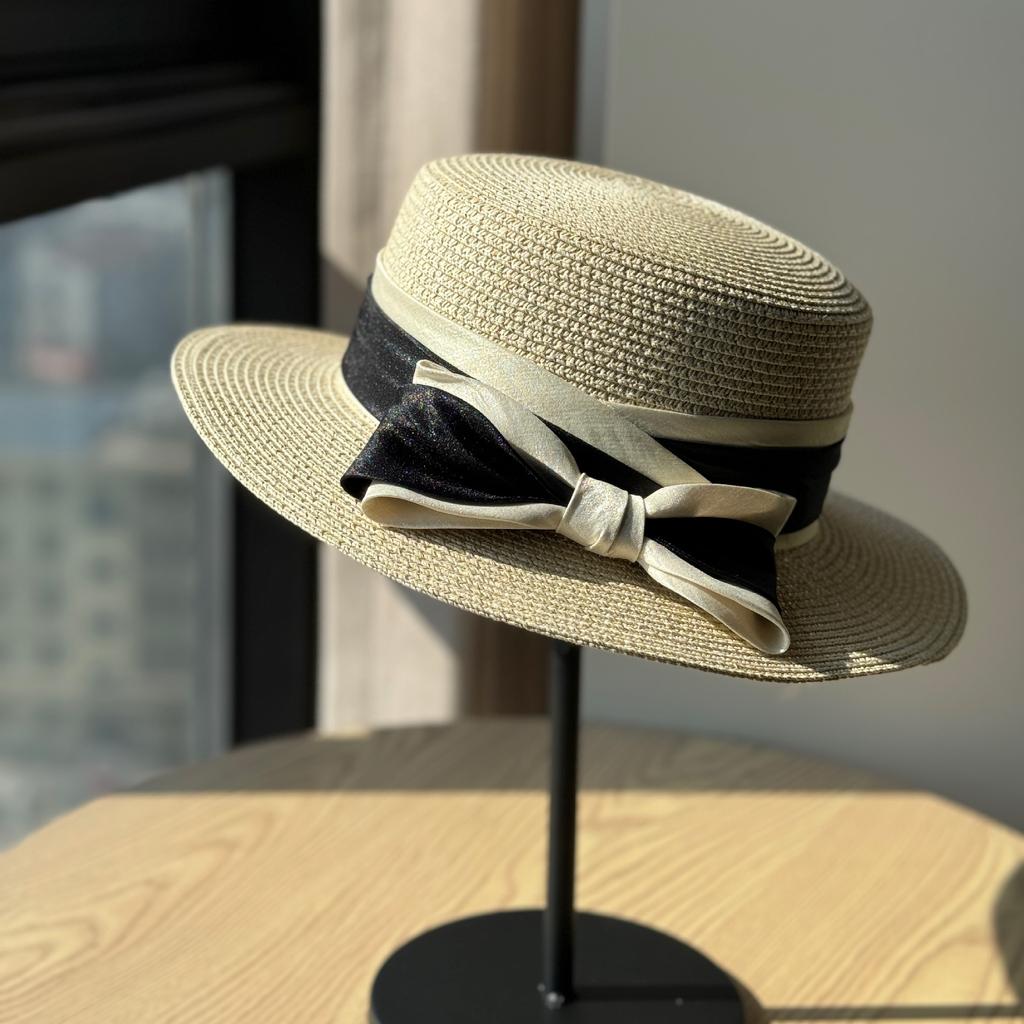 New Straw Woven Flat Top Top Hat Bow Straw Hat Summer Outing Seaside Sunshade and Sun Protection