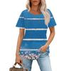 Women's Fashionable Casual Pleated Round Neck Striped Flower Printed Short Sleeved T Shirt Top