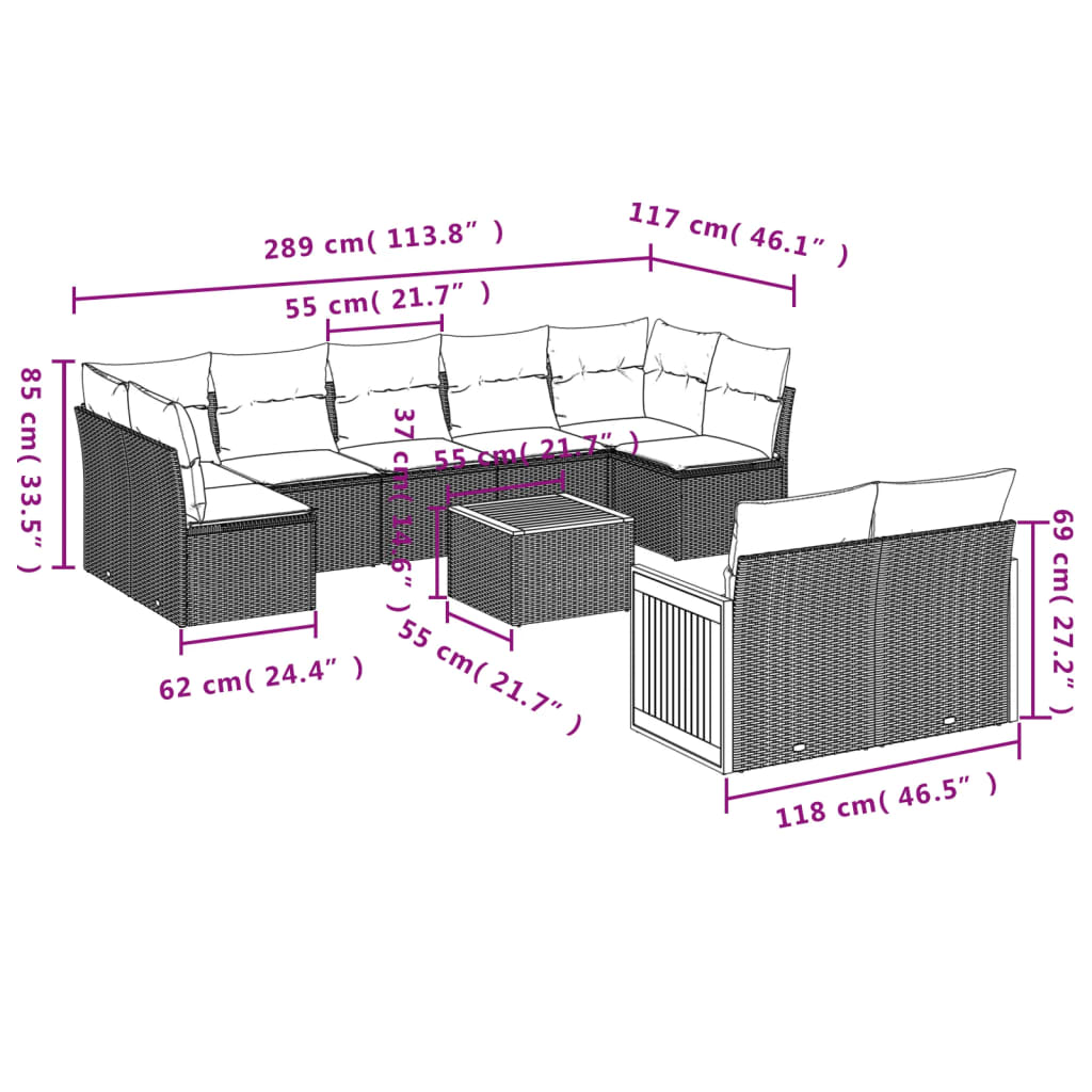 Vidaxl 10-Cz. Garden Lounge Set, Cushions Black Rattan Pe