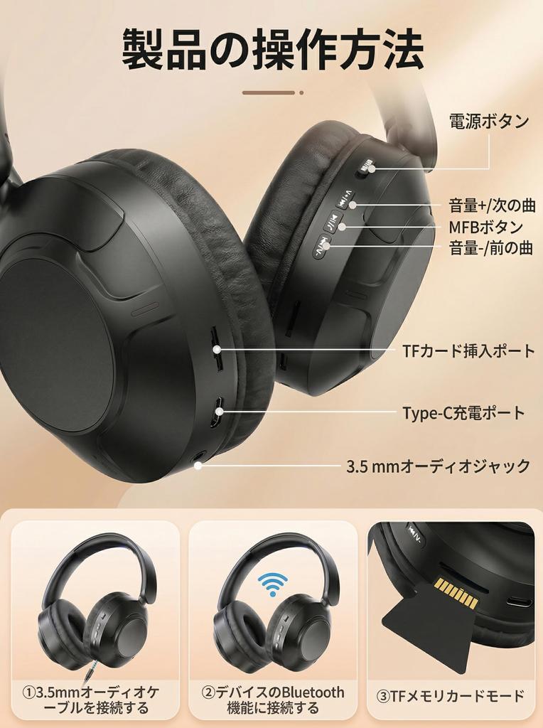 Bluetooth Wireless Headphones with Active Noise Cancellation Up to 50 Hours TF Wired Wireless 40mm Sound Sound Leakage Lightweight IPX5 Cable Included