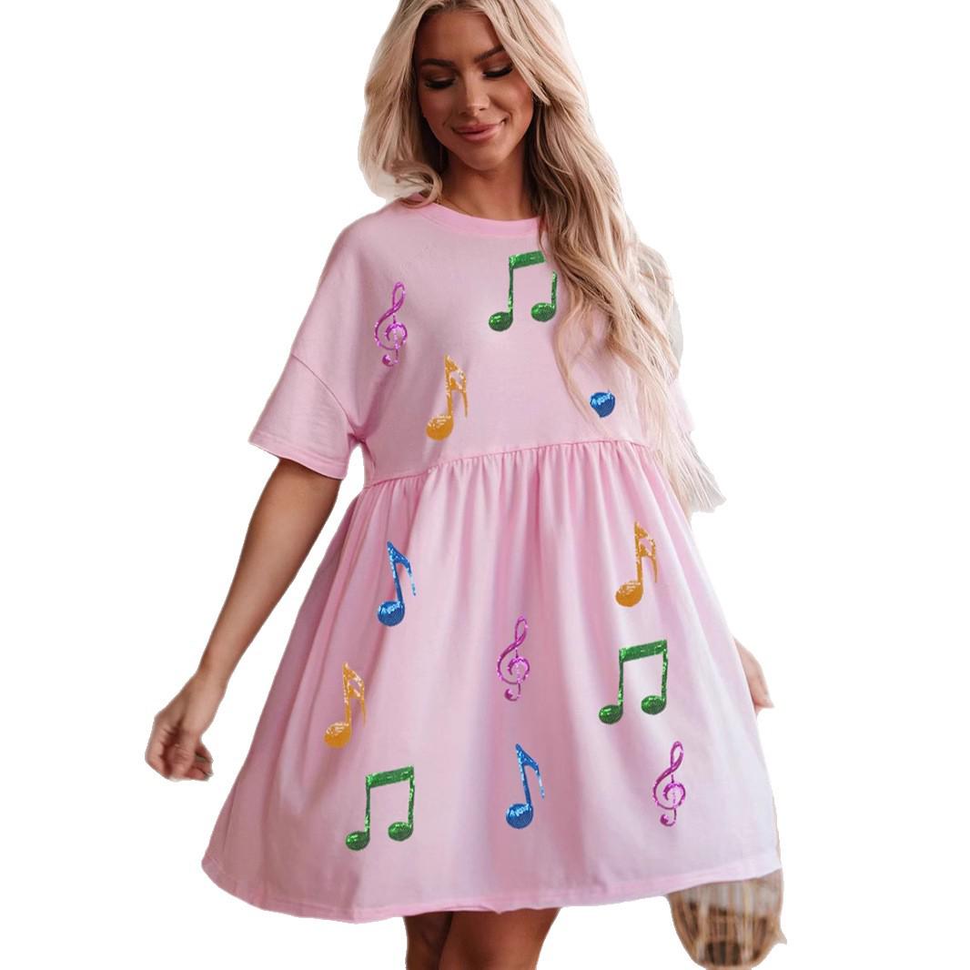 

SHIYING Женское европейско-американское платье-пуловер в стиле музыки и рока с пайетками и бисером, круглый вырез, завышенная талия, короткий рукав, средней длины. Medium розовый