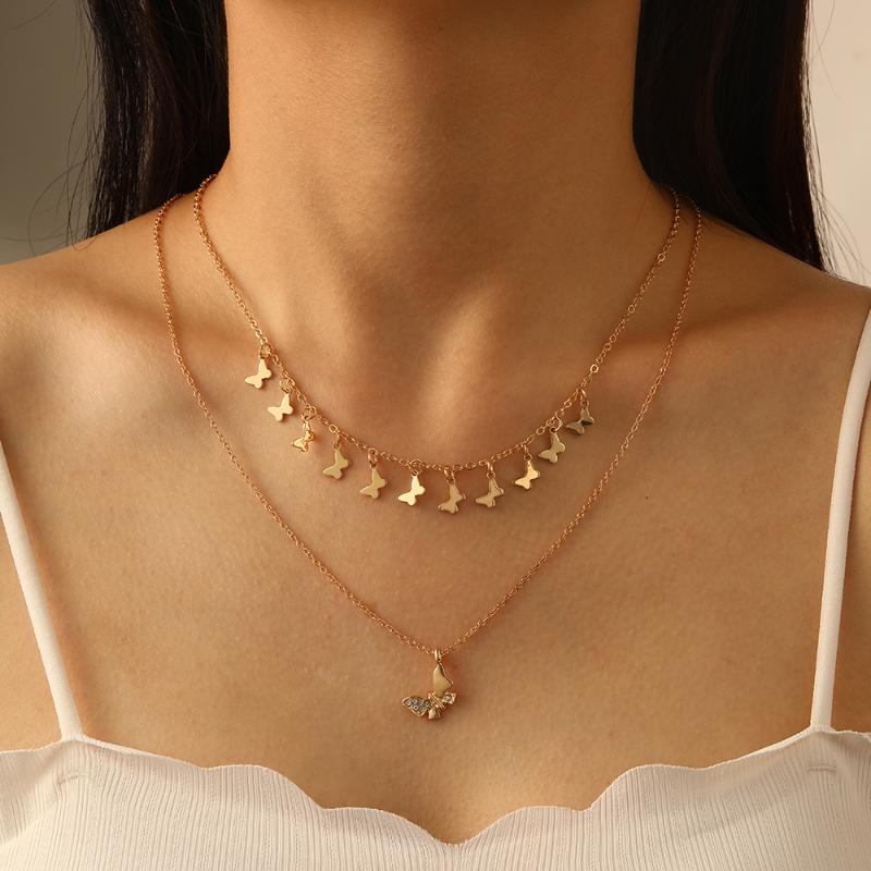 Boho metall flerlags sommerfugl halskjede for kvinner Vintage gullfarge perle paljett anheng choker halskjeder mote fest smykker