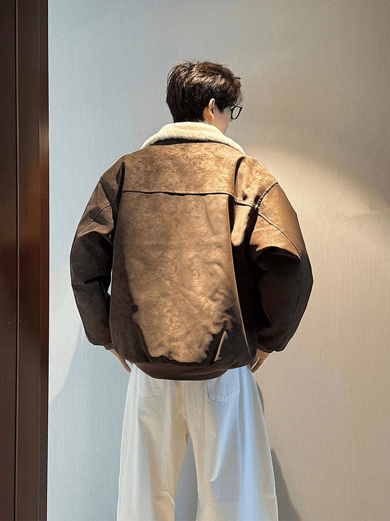 Men's American Style Tie-Dye Lamb Wool PU Leather Rivet Jacket