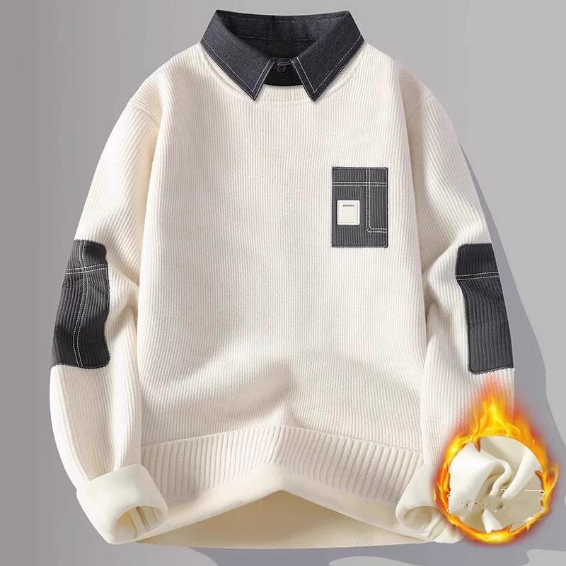 Herren Fleecegefütterter Verdickter Langarm Strickpullover Herbst Winter Stil Hemdkragen Weiches Polyester Freizeitkleidung
