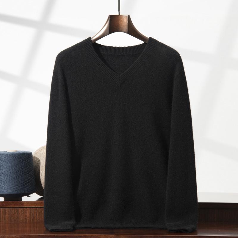 Men's Seven-Needle Cashmere V-Neck Sweater, Double-Strand Thickened, Soft Knit Base Layer for Autumn/Winter.
