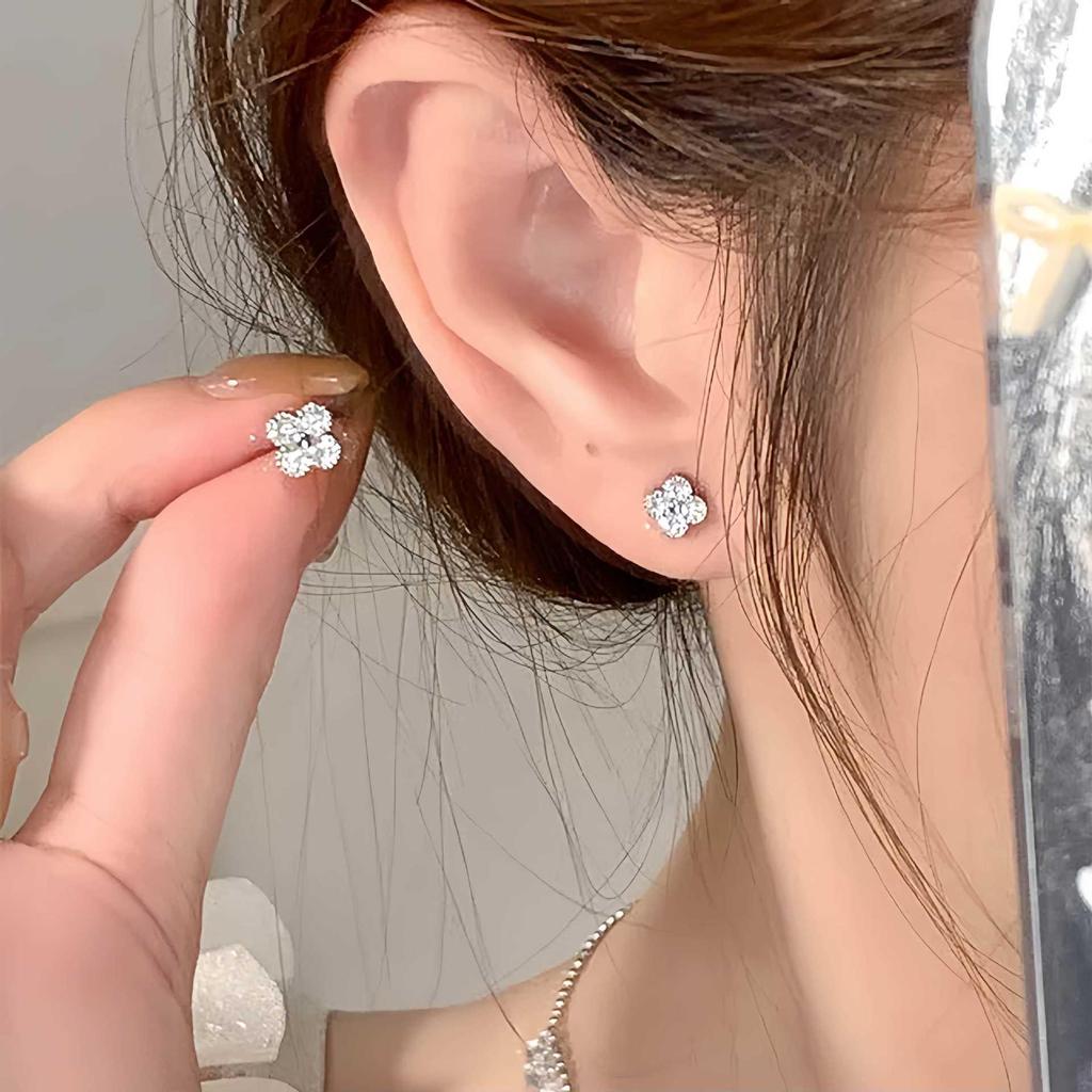 Korean Style Four-Leaf Clover Zircon Stud Earrings in S925 Sterling Silver & 18K Gold