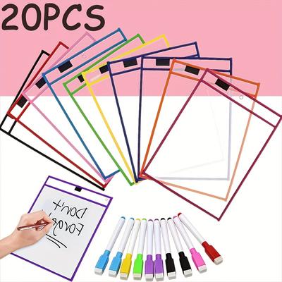 20 PCS Reusable Dry Erase Pockets, Extra Large Writing Eraser Pockets (10 Dry Erase Bags 10 Pens)