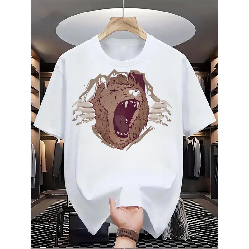 

European Size Women S Bear Roaring Face Graphic T-Shirt - Round Neck Short Sleeve Tee with Fierce Brown Bear Print, Casual Outfits, All-Season Fit 4XL