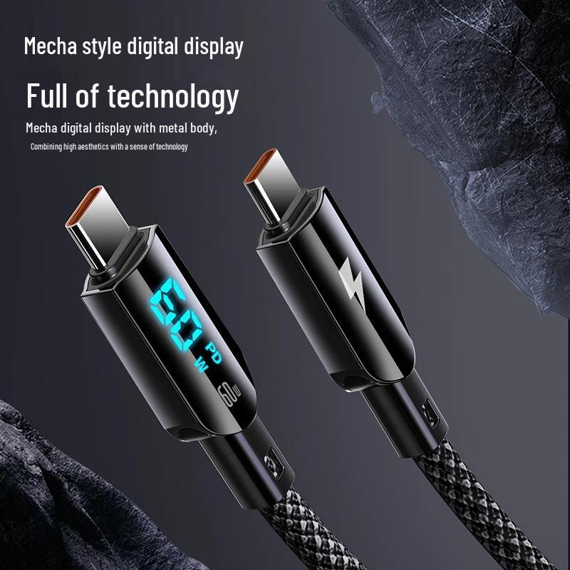 100W Transparent Braided Fast Charging Cable with Digital Display for Huawei and Apple, PD Type-C.