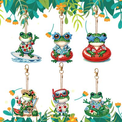 6Pcs Double Sided Special Shaped Animal Motorcycle Food Full Drill Keyring Rhinestone Painting Keychain Pendant for Beginners