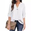 Women's Solid Color V Neck Roll Tab Sleeve Casual Regular Fit Blouse Tunic Shirt