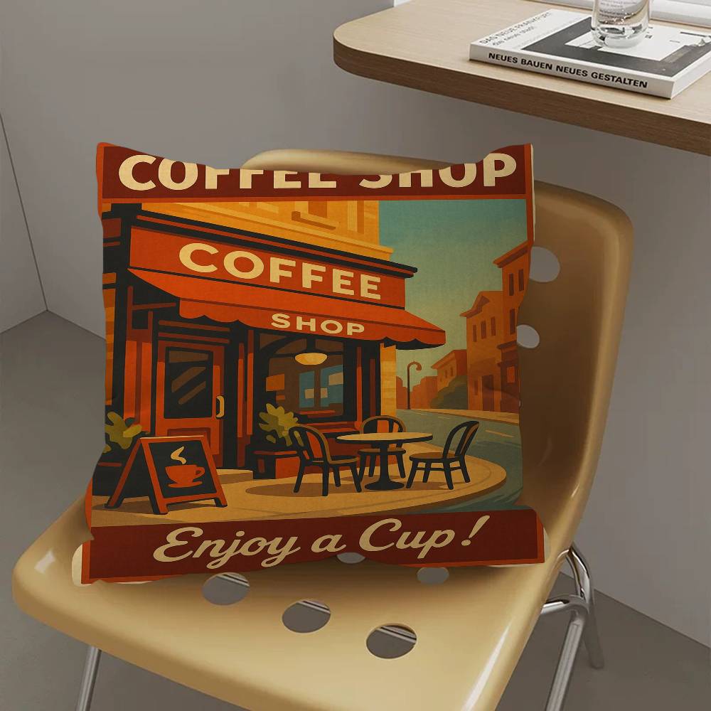 Coffee Shop City Bakery Illustration pillow cover sofa cushion cover home room decoration children gift