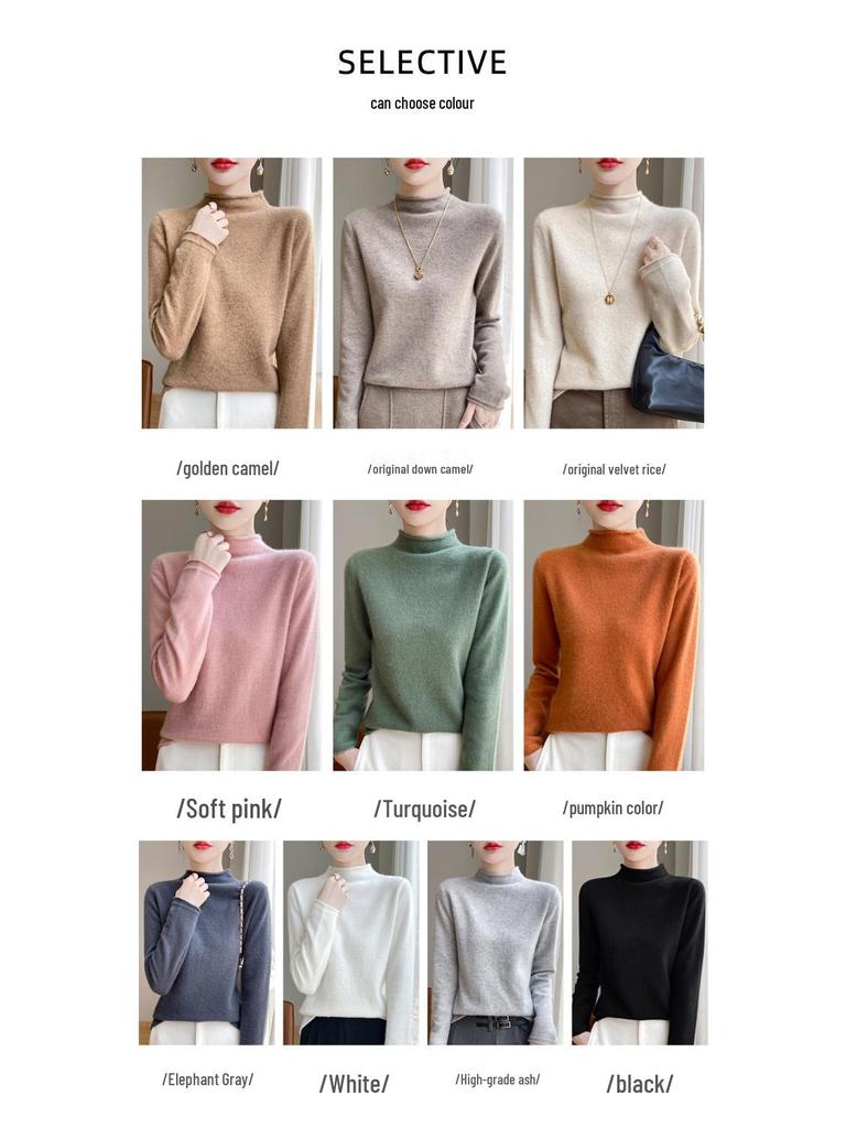 Women's 100% Pure Wool Turtleneck Sweater - Fashionable Autumn/Winter Knitted Cashmere Base Layer Top