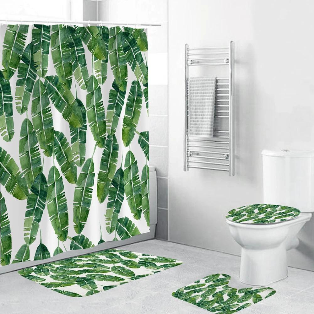 Tropical Green Plant Leaf Palm Cactus Shower Curtain Set Bathroom Curtain Anti-Slip Bath Mat Set Toilet Rugs Carpet Home Decor