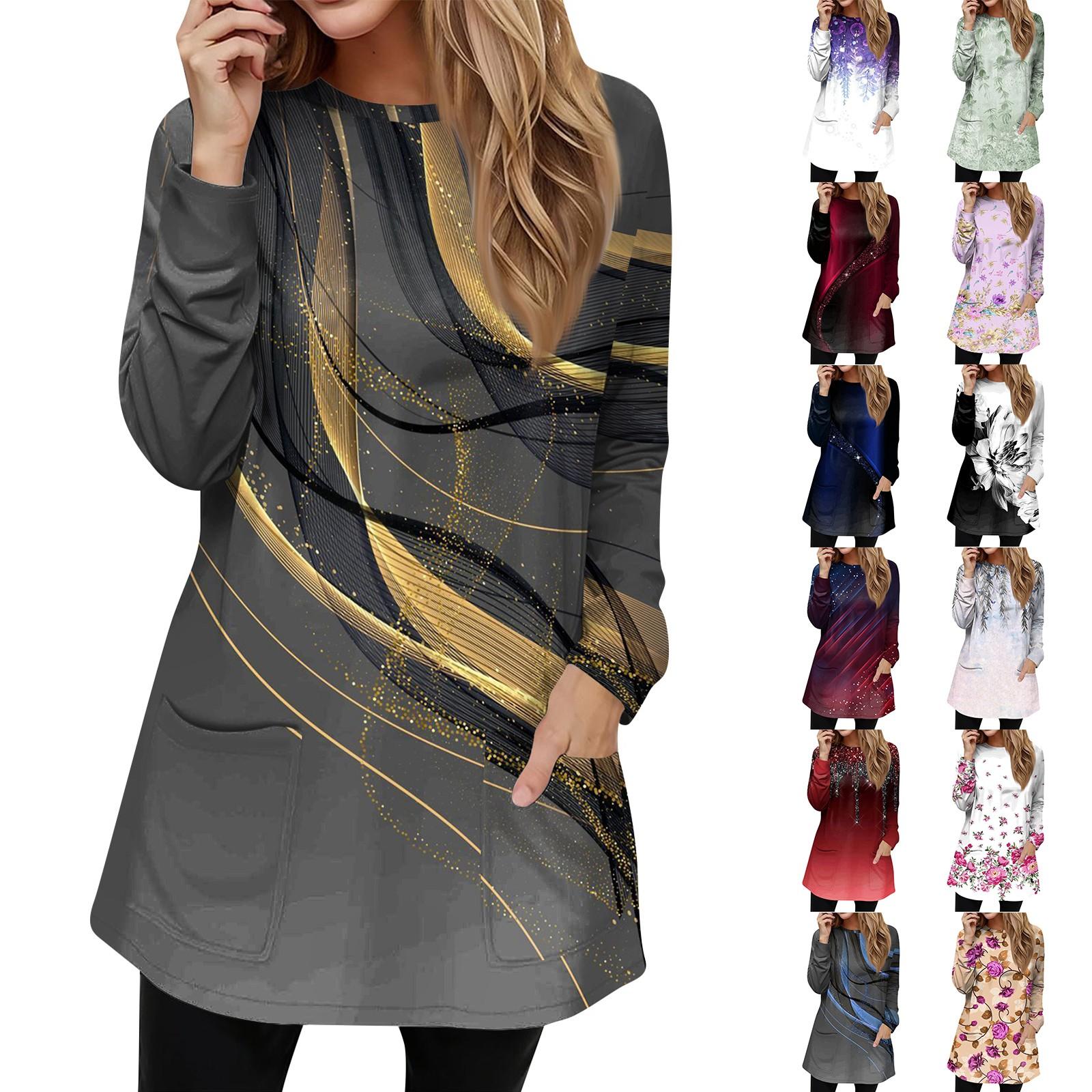 

Женская модная повседневная пуловерная футболка с круглым вырезом и карманом с градиентным принтом и длинным рукавом