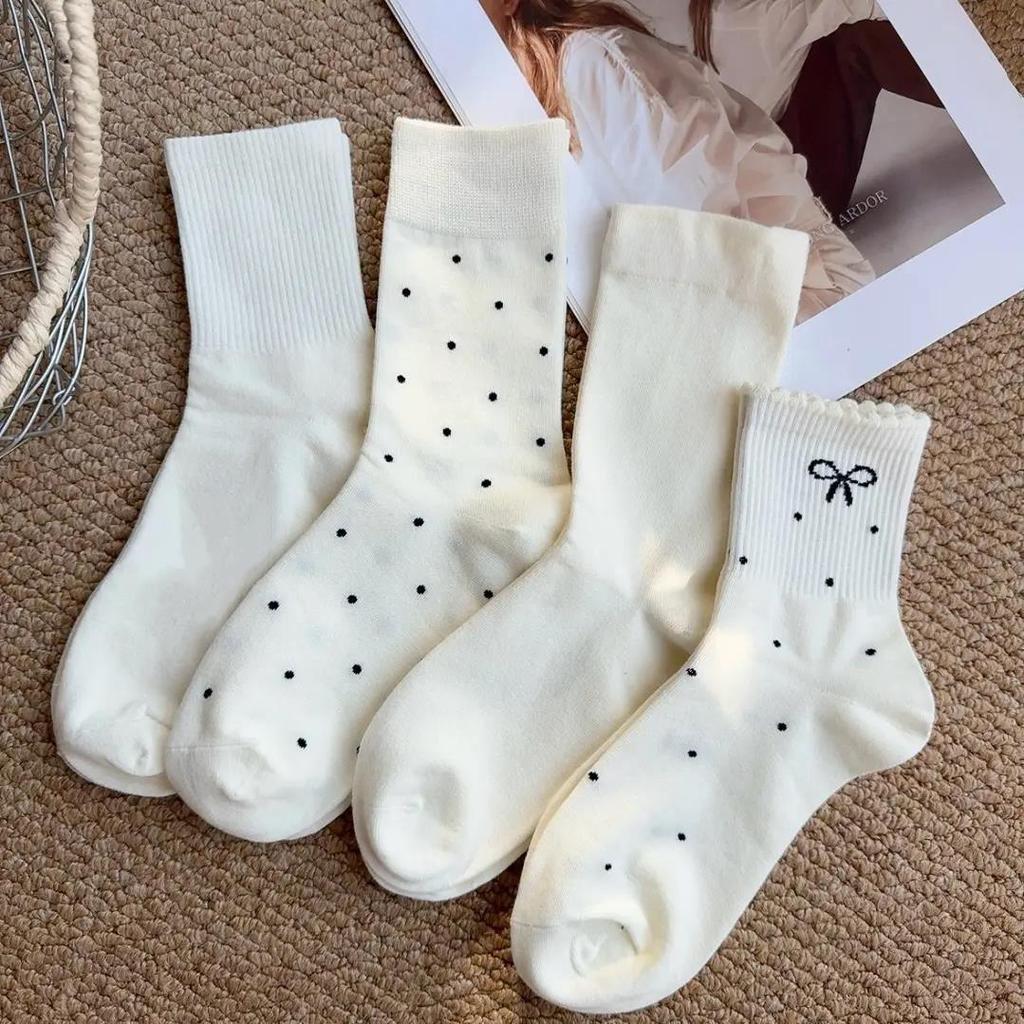 Yi Fan Autumn Mid-Calf Maternity Socks - Solid Color, Polka Dot Bow Lace, Stacked Trendy, Student Style