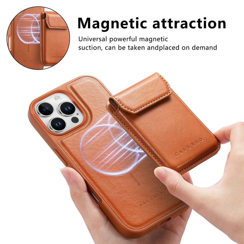 CASENEO For iPhone 16 Pro Magnetic Case PU Leather PC Phone Cover with Detachable Card Holder Kickstand Compatible with MagSafe