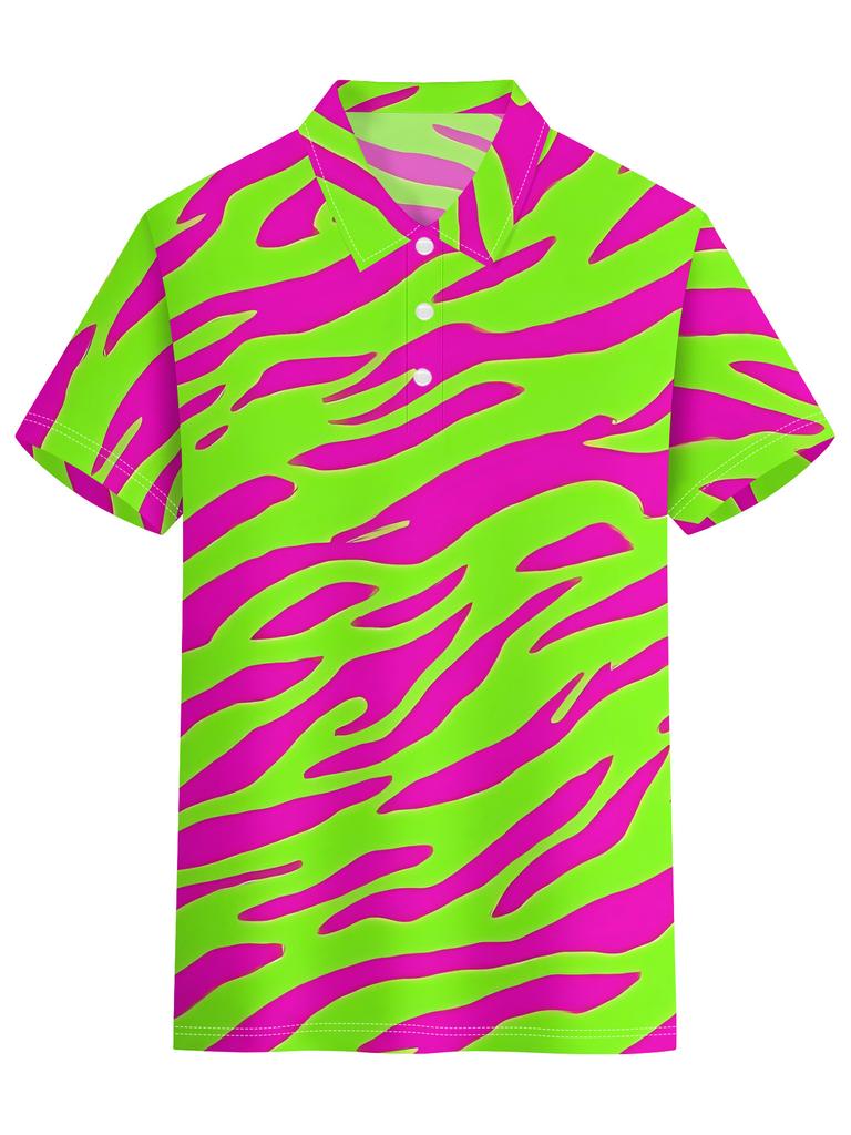 Men's Short-Sleeve Polo Shirt with Zebra Stripe Lapel Collar - Full-Zebra Print Button-Up Button Collar Shirt, Machine Washable Summer Beachwear