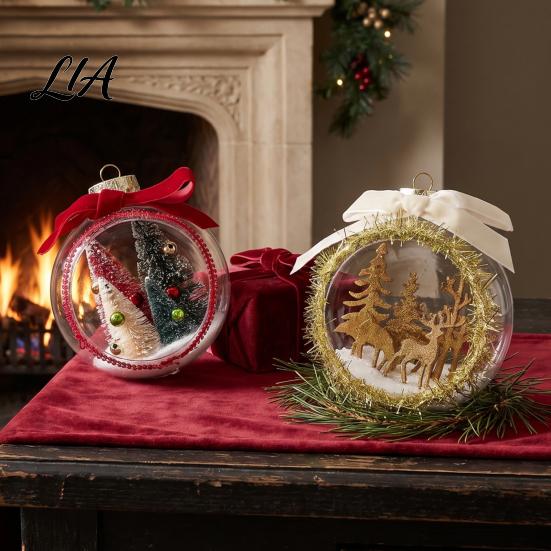 Plastic Holiday Balls Opening Christmas Ball Ornament with Bow, Tree Reindeer Snow Scene Shatterproof Inside Hanging Clear Ball, Xmas Sphere
