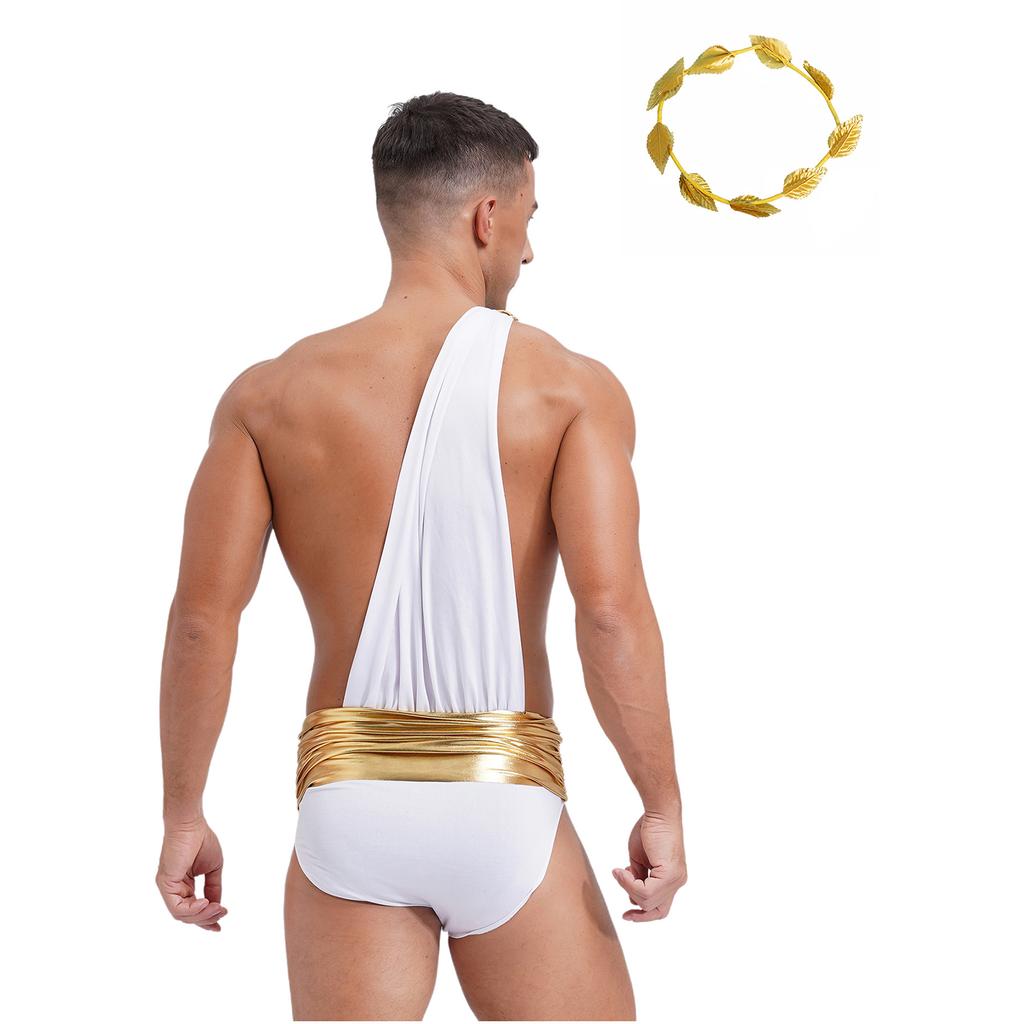 Mens Ancient Greek Roman Costume One Shoulder Bodysuit Metallic Belt Briefs Toga Jumpsuit Leaf Garland Headwear