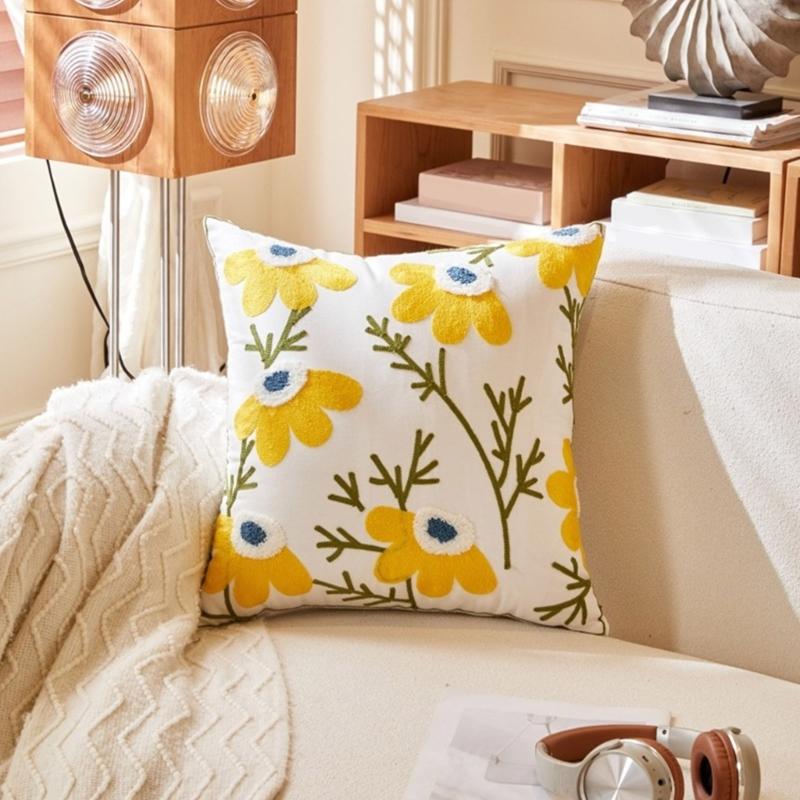 Pillowcase Floral Embroidery Cushion Case Features Vibrant Flower Patterns For Living Room Or Bedroom Decoration