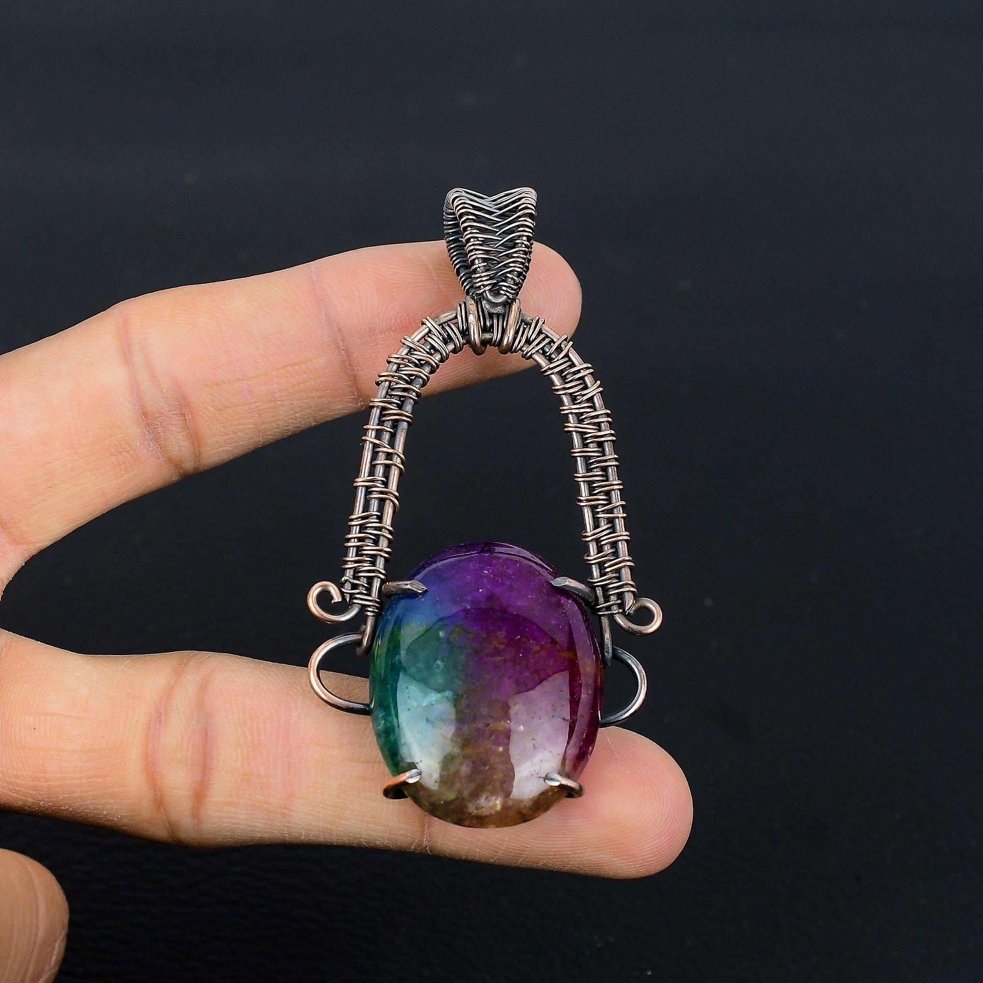 

Кулон из Радужного Солнечного Кварца, обернутый медной проволокой 999 пробы, Ювелирное изделие с подвеской из драгоценного камня ручной работы, Подарки для жены, Новая подвеска 2.55 Inches