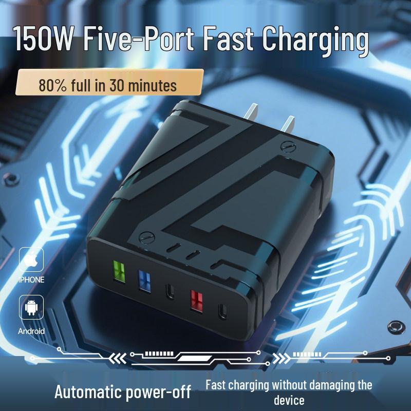 180W GaN Fast Charger with PD3.0, QC3.0, Super Flash Charge, 6-Port USB, Auto Disconnect