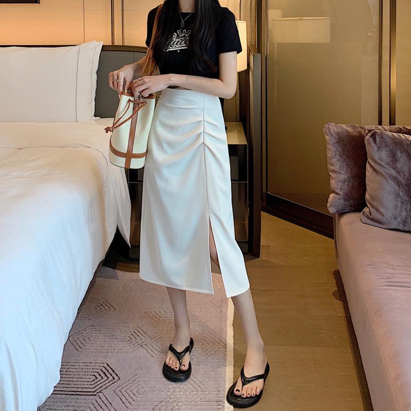 2026 Pleated A-Line High Waist Split Skirt: Slimming Mid-Length Spring/Summer Women's Fashion