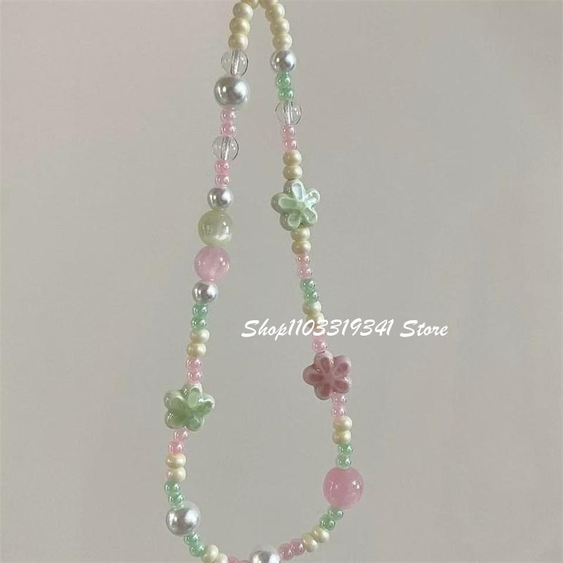 

Korean Cute Green Pink Flower Beaded Phone Charms Chain For Phone Accessories Phone Strap Anti-Lost Sweet Lanyard Hanging Rope