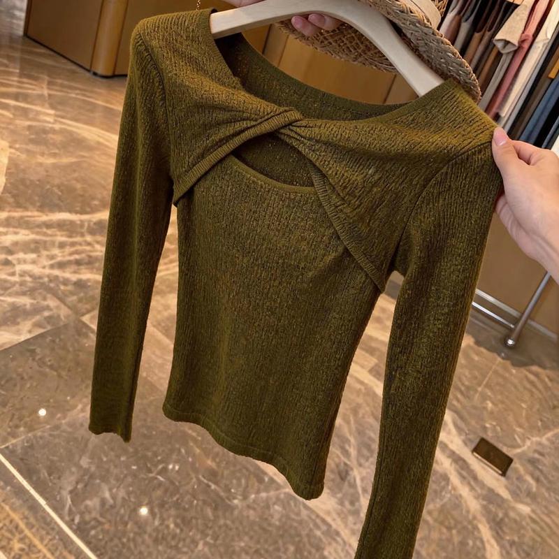 French Style Knitted Twist Cut-out Long Sleeve Pullover