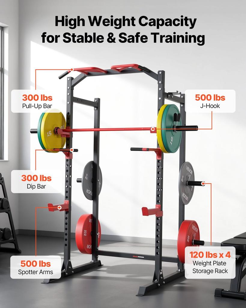 Power Cage Power Rack, Multifunctional Barbell Squat Rack with Adjustable Height, Home Gym Strength Training Workout Equipment with J-Hooks & More