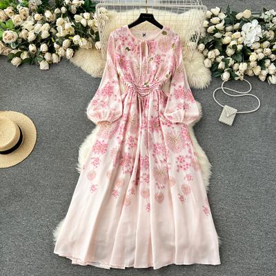 Spring Autumn Women Print Holiday Seaside Dress Fashion Long Maxi Ankle Length Party Dresses