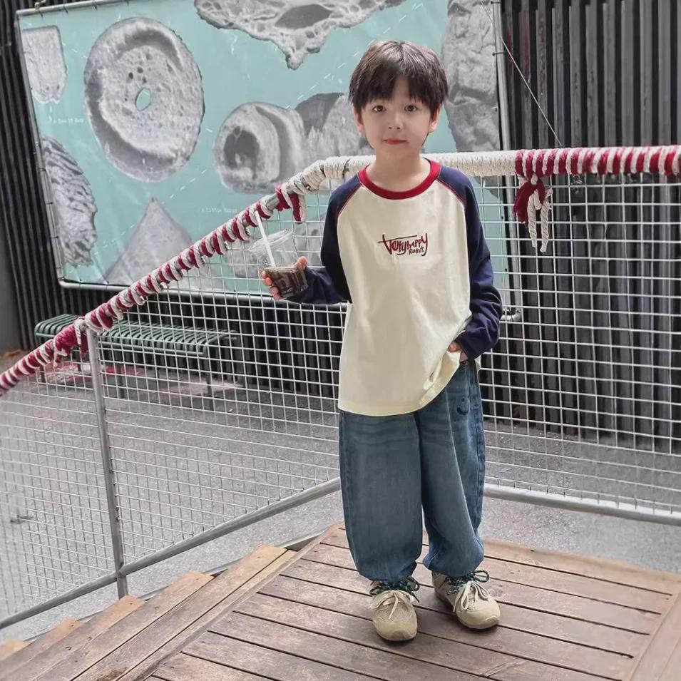 Amo Beibei 2025 Kids' Raglan Long Sleeve Color Block Letter T-shirt