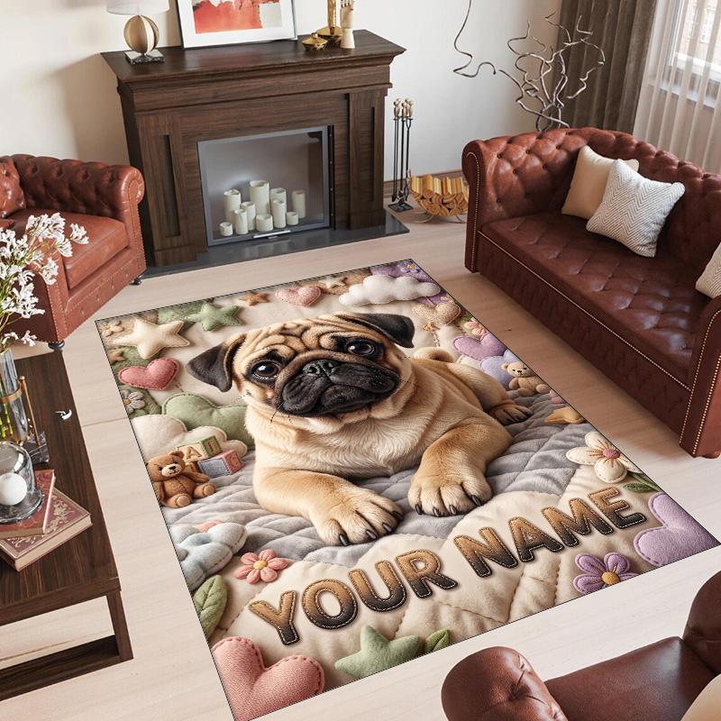 Pug Theme Crystal Velvet Floor Rug Personalized Custom Name Text Warm Carpet Home Decoration