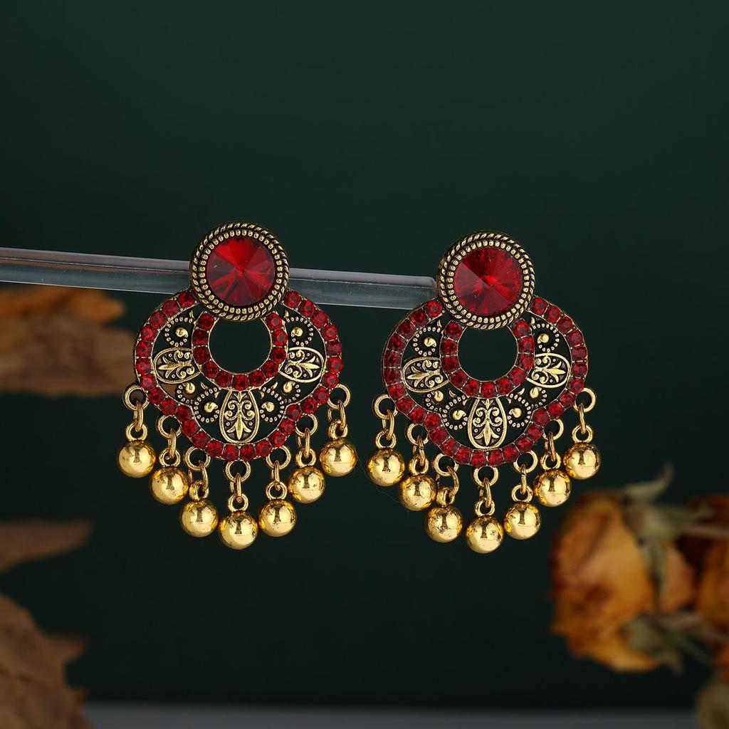 Bohemian Ethnic Rhinestone Tassel Petal Dangle Earrings for Women
