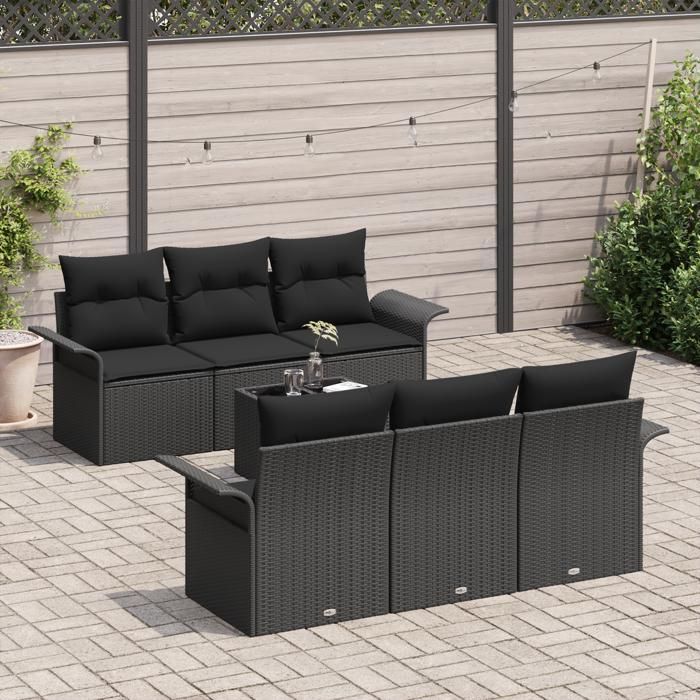 VidaXL Ensemble de canapé de jardin 7 pièces avec coussins noir en poly rotin 3345253