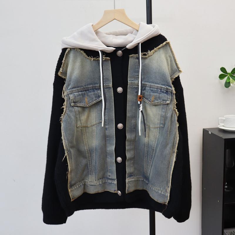 

Осень и зима новый свободный повседневный худи дизайн свитер куртка женственность сращивание деним вязаный кардиган one size fits all чёрный