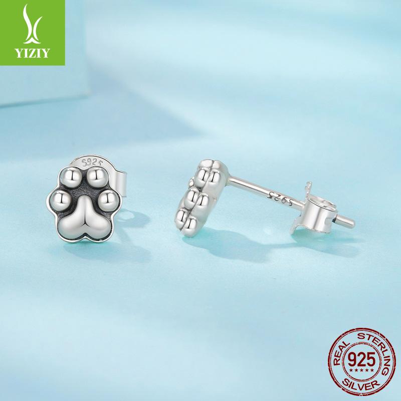 S925 Sterling Silver Cat Paw Print Stud Earrings Simple And Cute Pet Paw Mini Stud Earrings