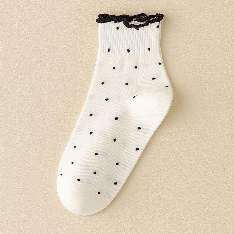 Black Fungus Lace Socks for Women, Spring and Autumn Style, Pile Socks, Cotton Socks, Summer Polka Dot Roll, Boneless Mid-calf Socks